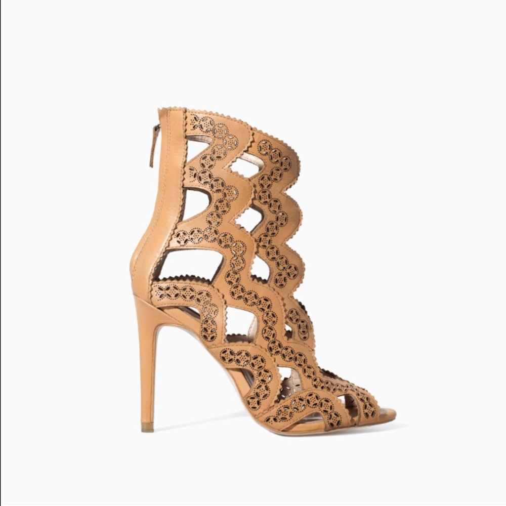 Zara tan leather high heel ankle boot sandal